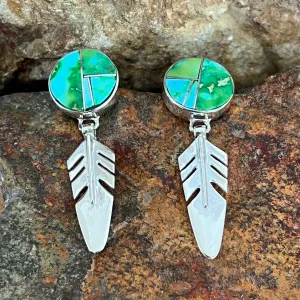 David Rosales Sonoran Gold Turquoise Inlaid Sterling Silver Earrings Feathers