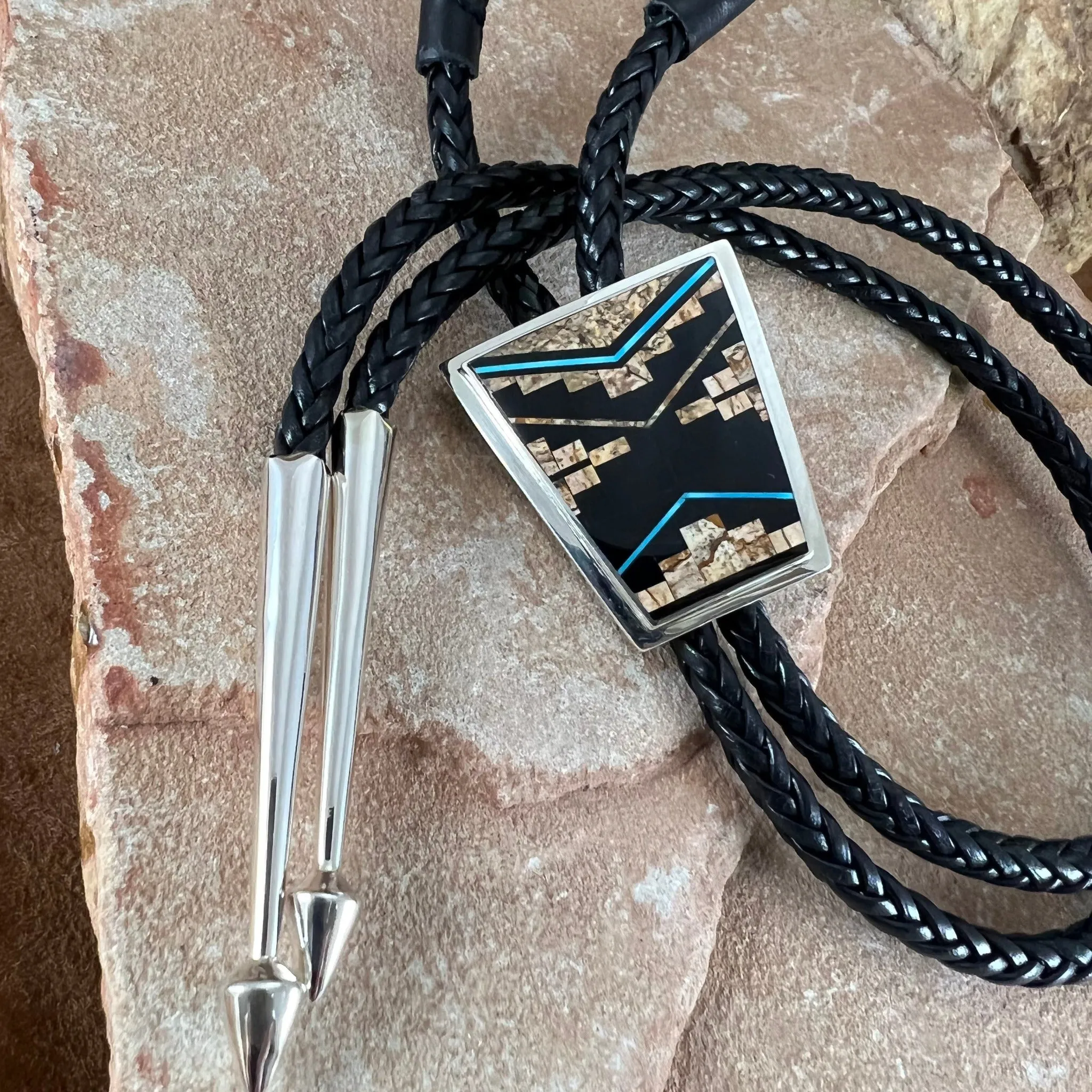 David Rosales Turquoise Creek Fancy Inlaid Sterling Silver Bolo Tie