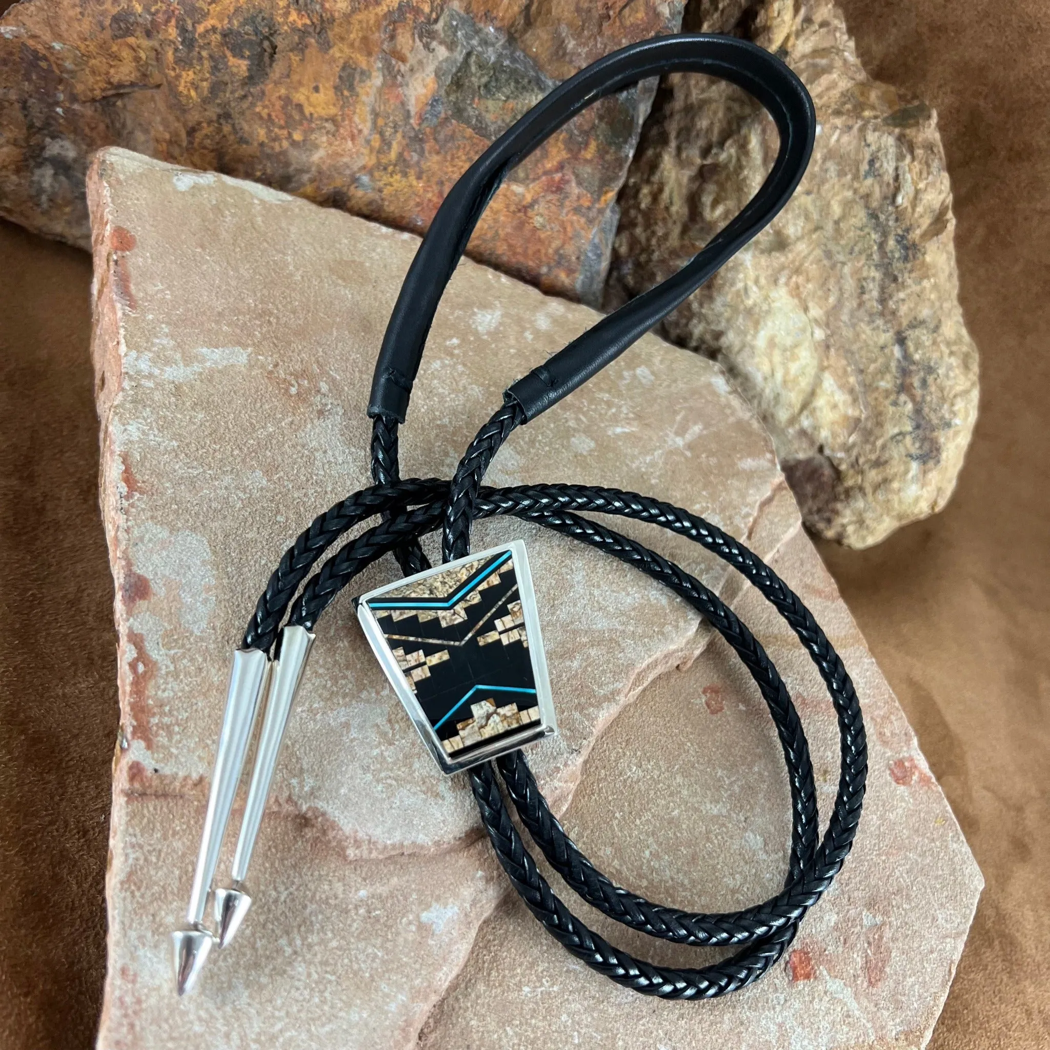 David Rosales Turquoise Creek Fancy Inlaid Sterling Silver Bolo Tie
