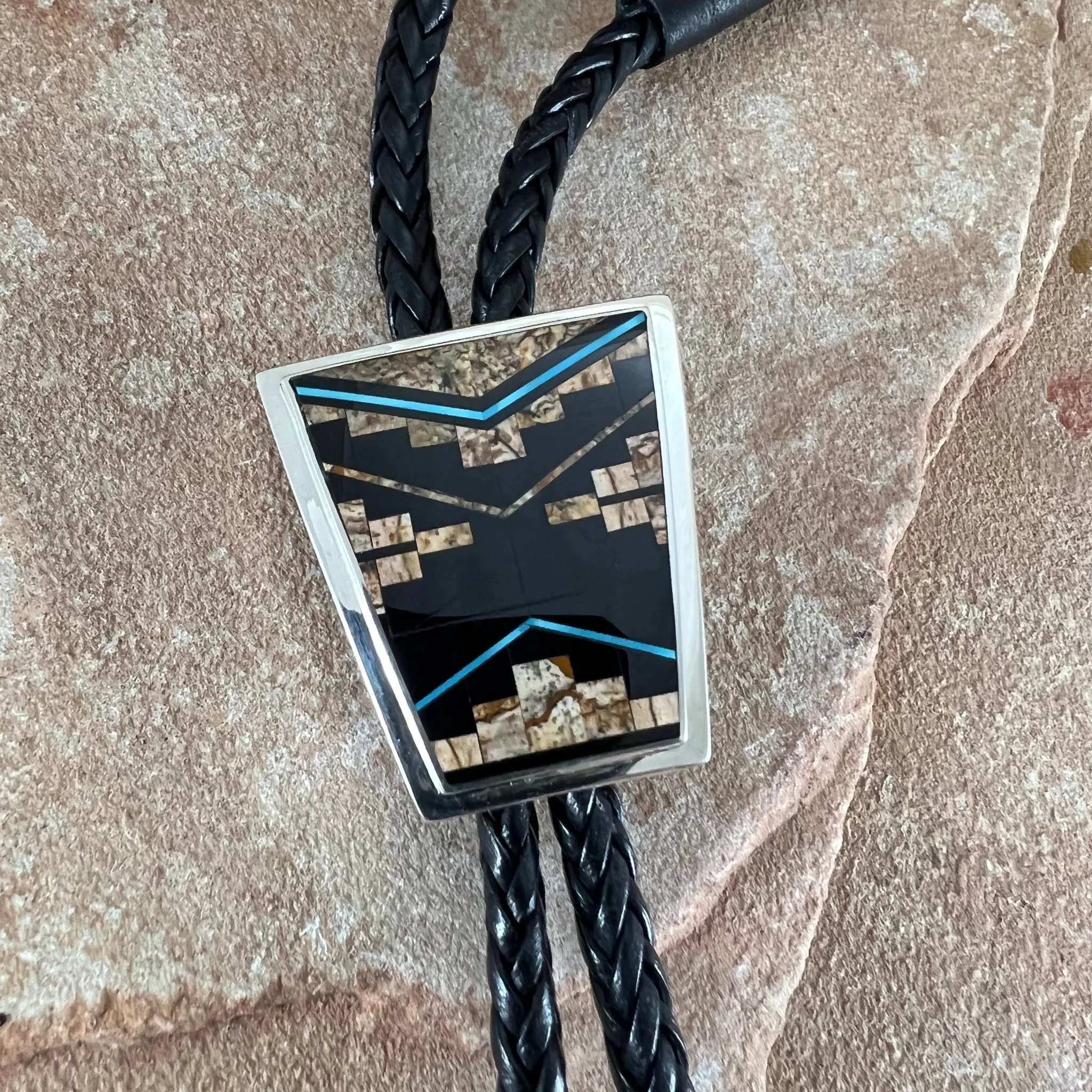 David Rosales Turquoise Creek Fancy Inlaid Sterling Silver Bolo Tie