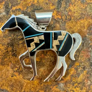 David Rosales Turquoise Creek Inlaid Sterling Silver Pendant Horse