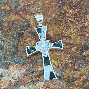 David Rosales White Buffalo Sterling Silver Pendant Cross w/ Cubic Zirconia