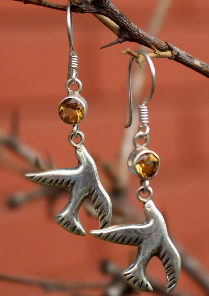Dove Peace Bird Citrine Inlaid Silver Earrings