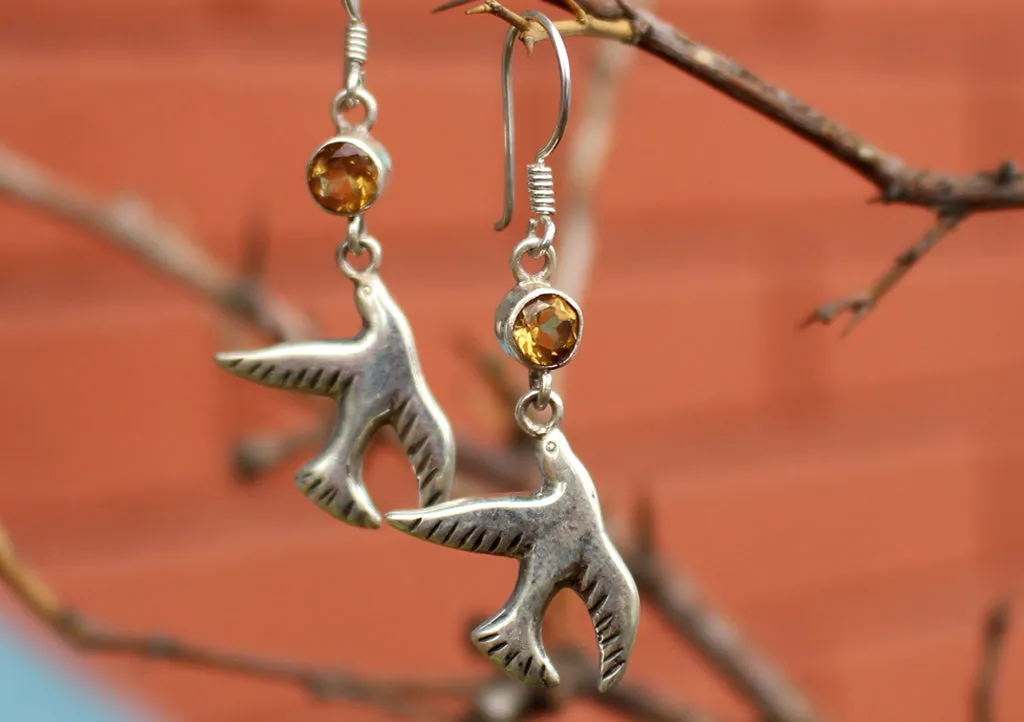 Dove Peace Bird Citrine Inlaid Silver Earrings