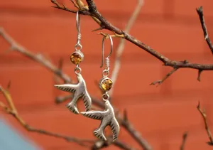Dove Peace Bird Citrine Inlaid Silver Earrings