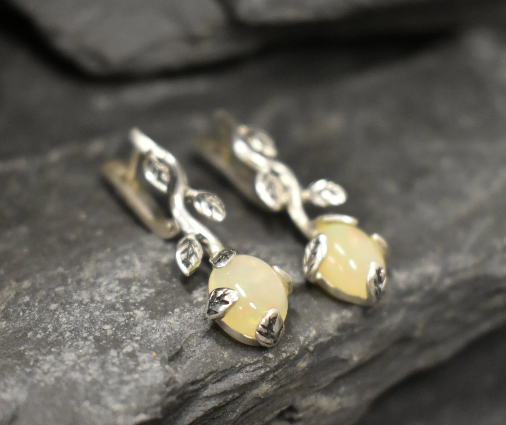 Drop Opal Earrings - Genuine Opal Earrings - Leaf Branch Earrings