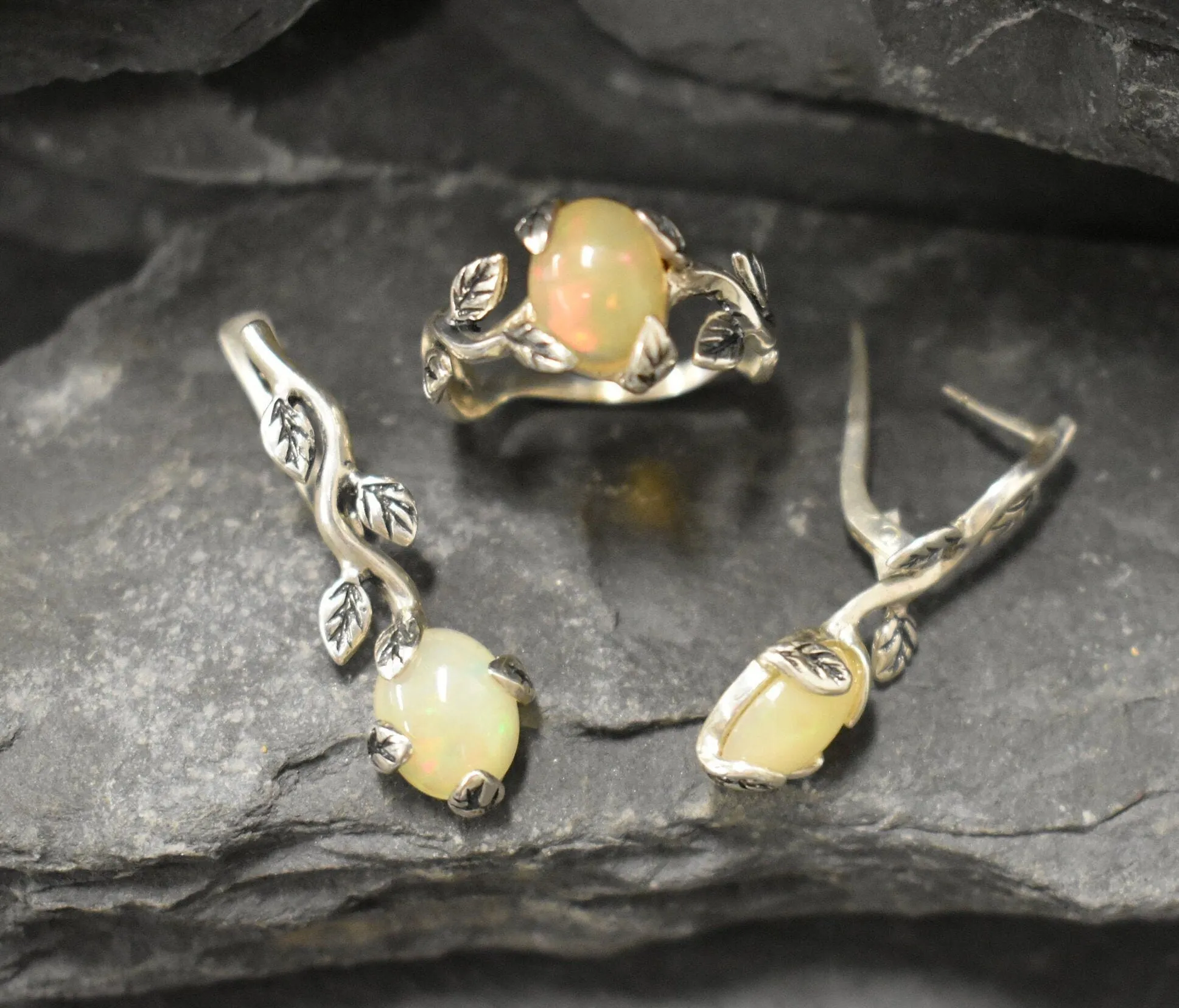 Drop Opal Earrings - Genuine Opal Earrings - Leaf Branch Earrings