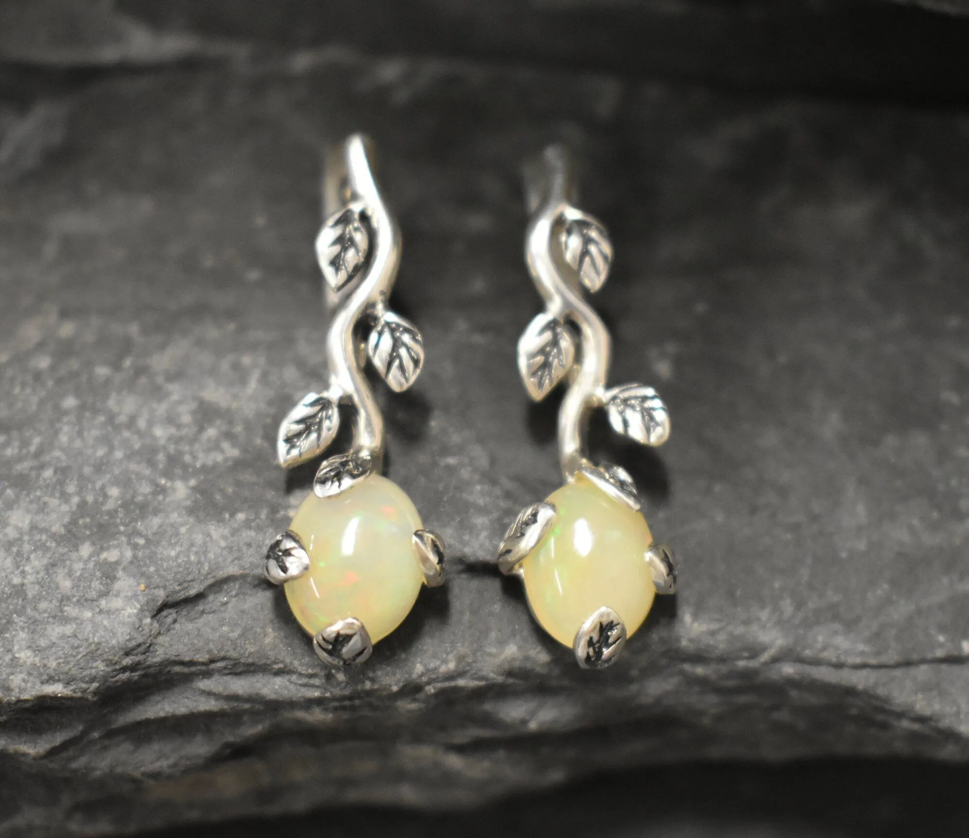 Drop Opal Earrings - Genuine Opal Earrings - Leaf Branch Earrings