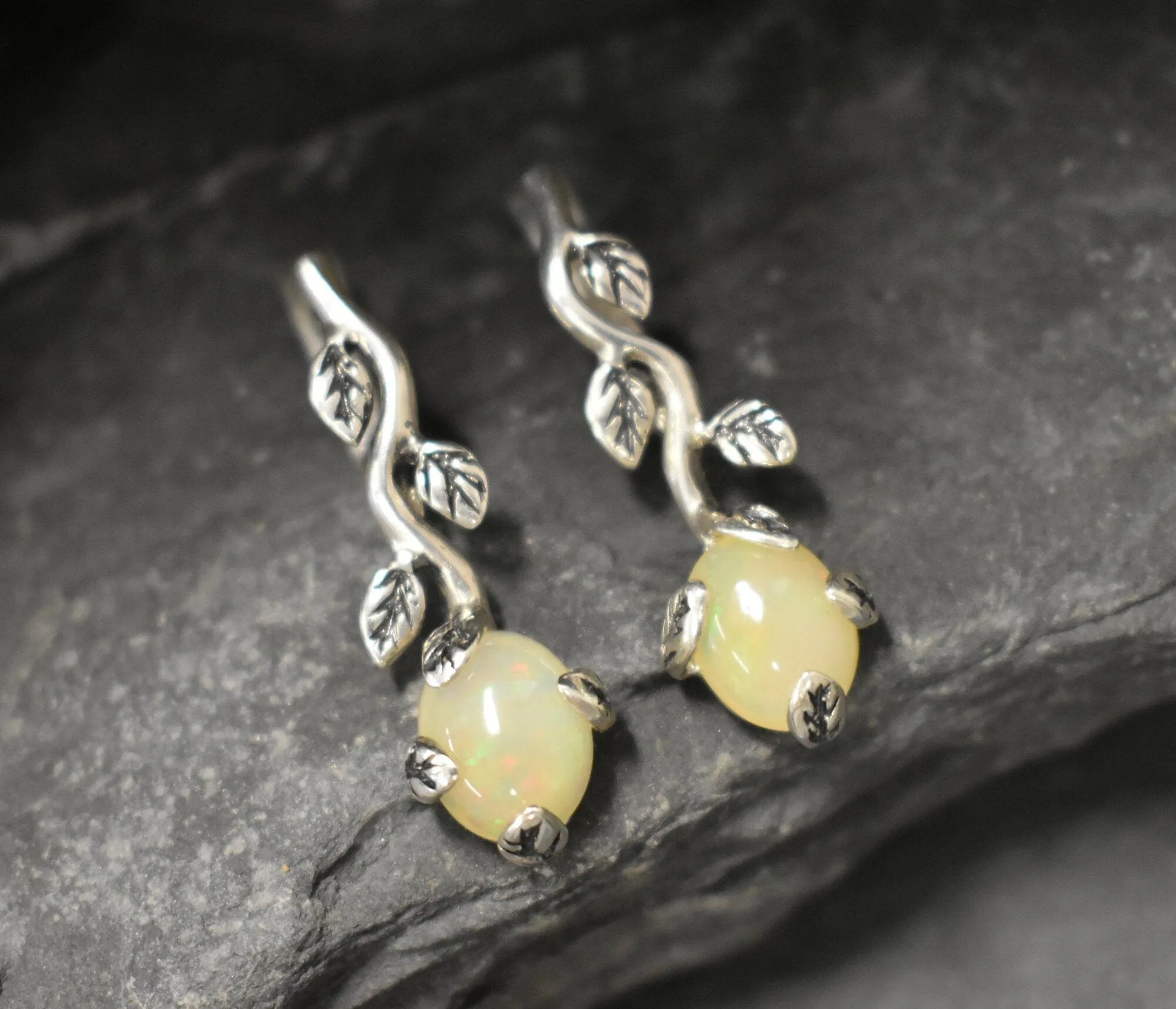 Drop Opal Earrings - Genuine Opal Earrings - Leaf Branch Earrings