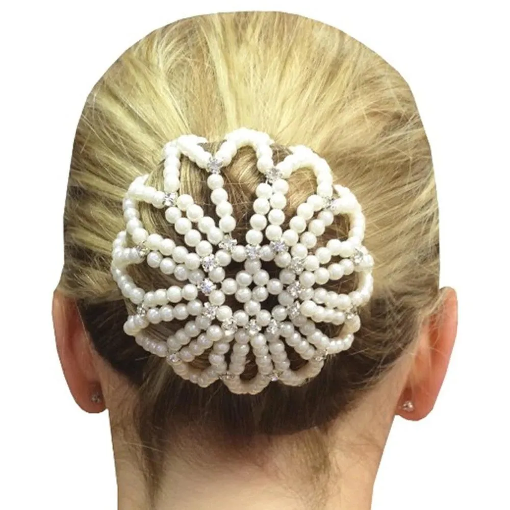 Elastic Crochet Pearls with Shiny Rhinestones Hair Bun
