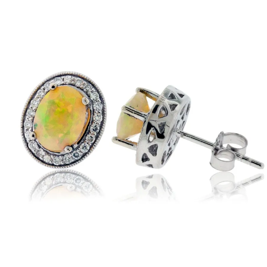 Ethiopian Opal with Diamond Halo Stud Earrings