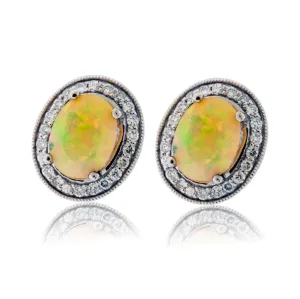 Ethiopian Opal with Diamond Halo Stud Earrings