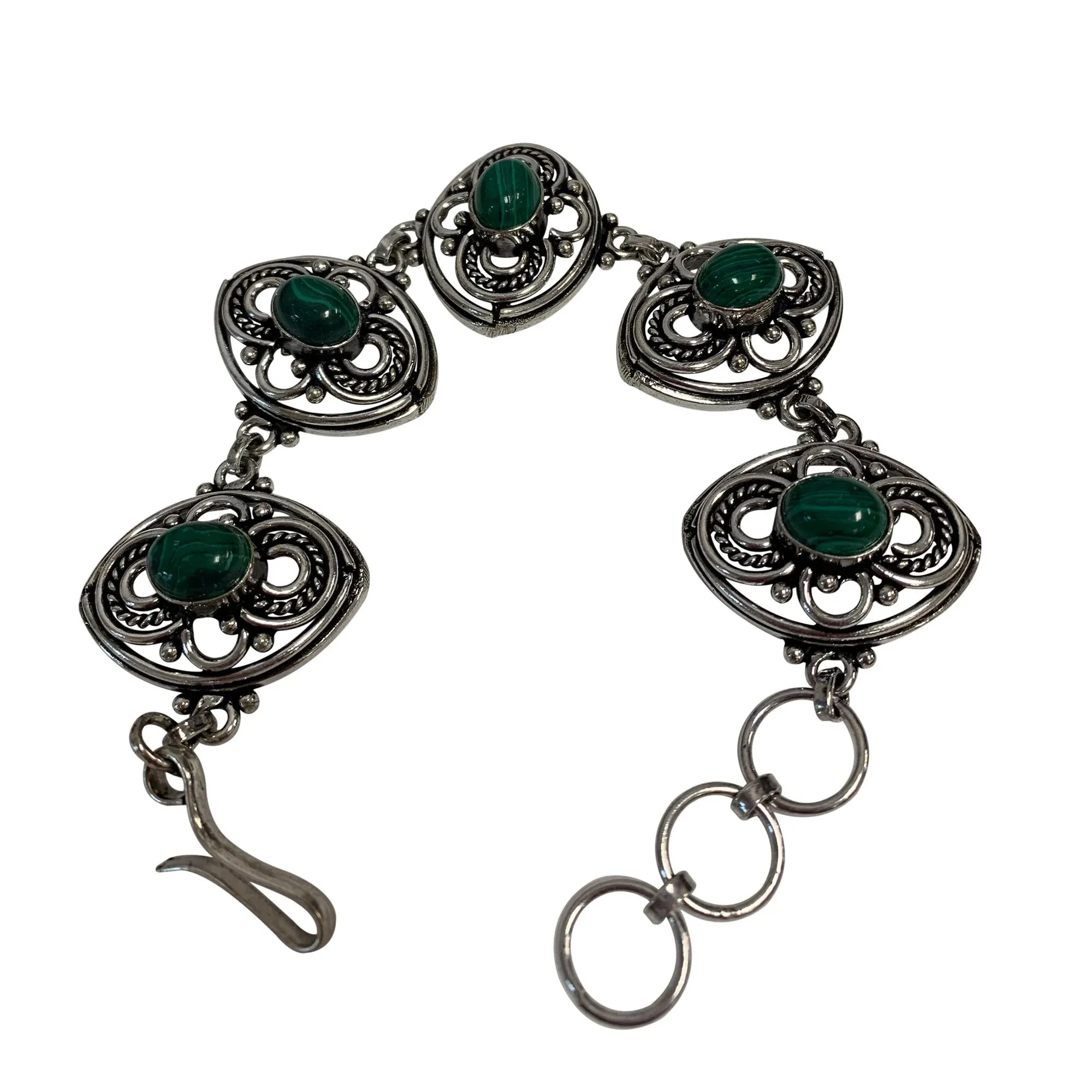 Ethnic Tribal Silver-Tone White Metal Vintage Style Chakra Yoga Malachite Stones Adjustable Bracelet