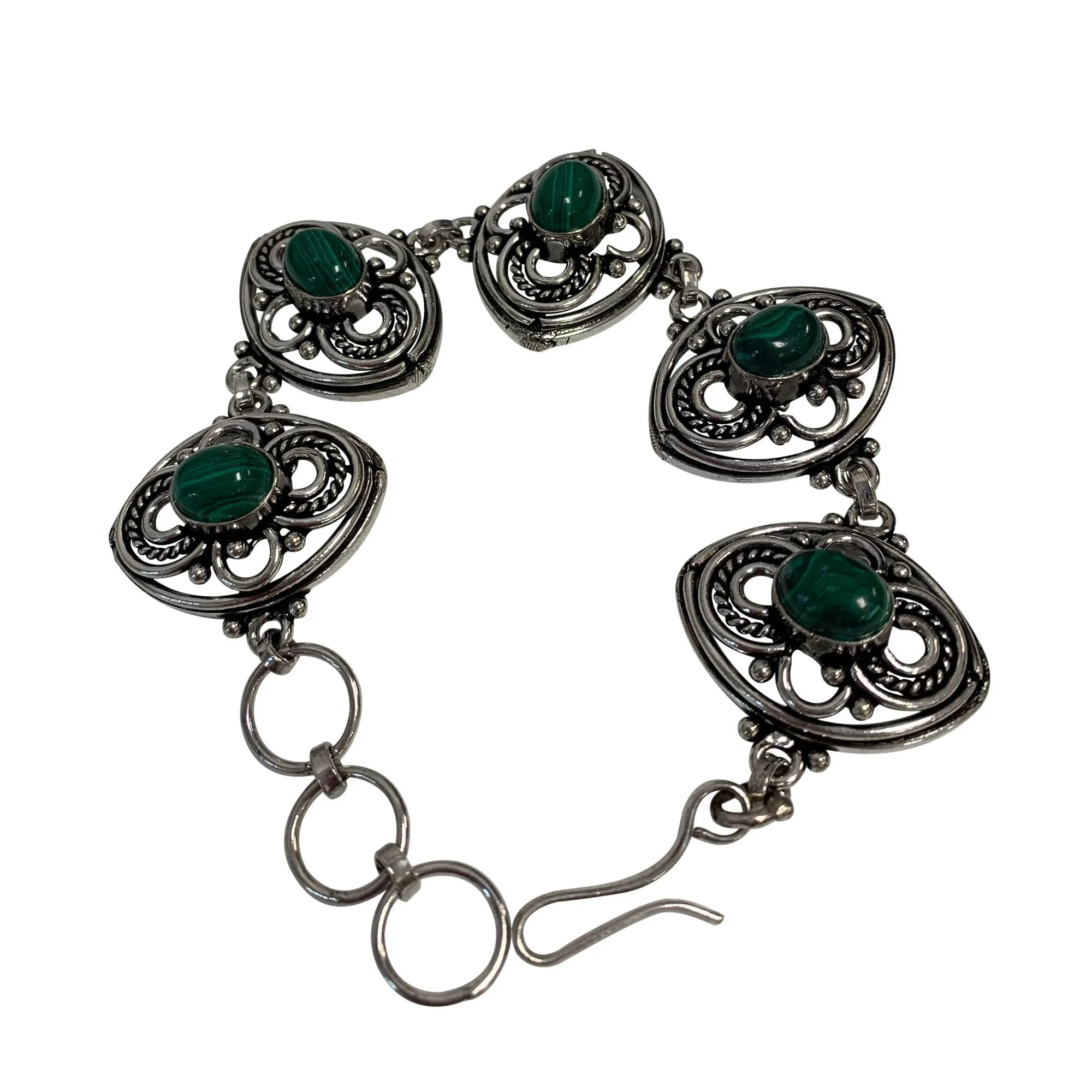 Ethnic Tribal Silver-Tone White Metal Vintage Style Chakra Yoga Malachite Stones Adjustable Bracelet