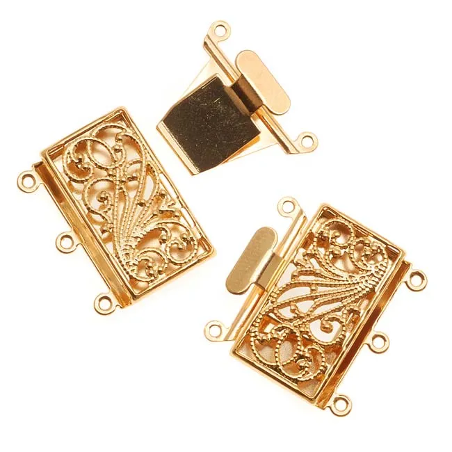 Filigree Box Clasps, 3 Strand Rectangle 23mm, Gold Tone (2 Sets)
