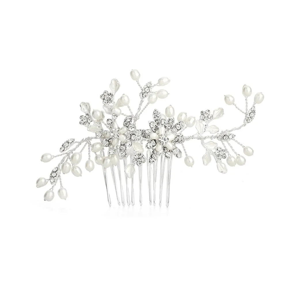Freshwater Pearl Wedding Hair Comb with Pave Crystal Leaves