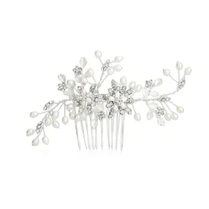 Freshwater Pearl Wedding Hair Comb with Pave Crystal Leaves