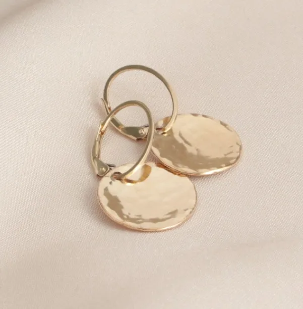 Gold Hammered Round Lever Back Earrings