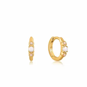 Gold Mother of Pearl and Kyoto Opal Huggie Hoop Earrings