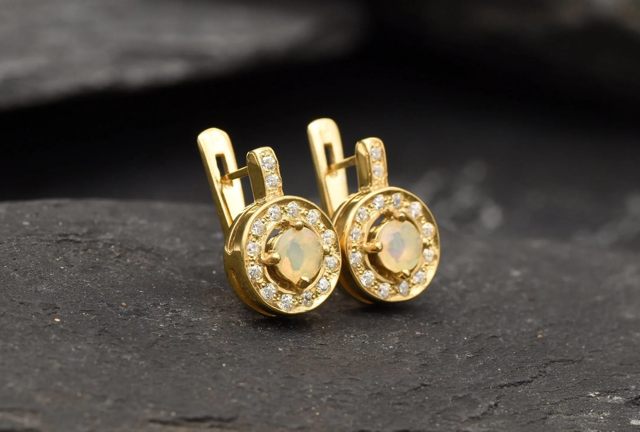Gold Opal Earrings - Natural Fire Opal, Gold Cluster Earrings