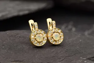 Gold Opal Earrings - Natural Fire Opal, Gold Cluster Earrings