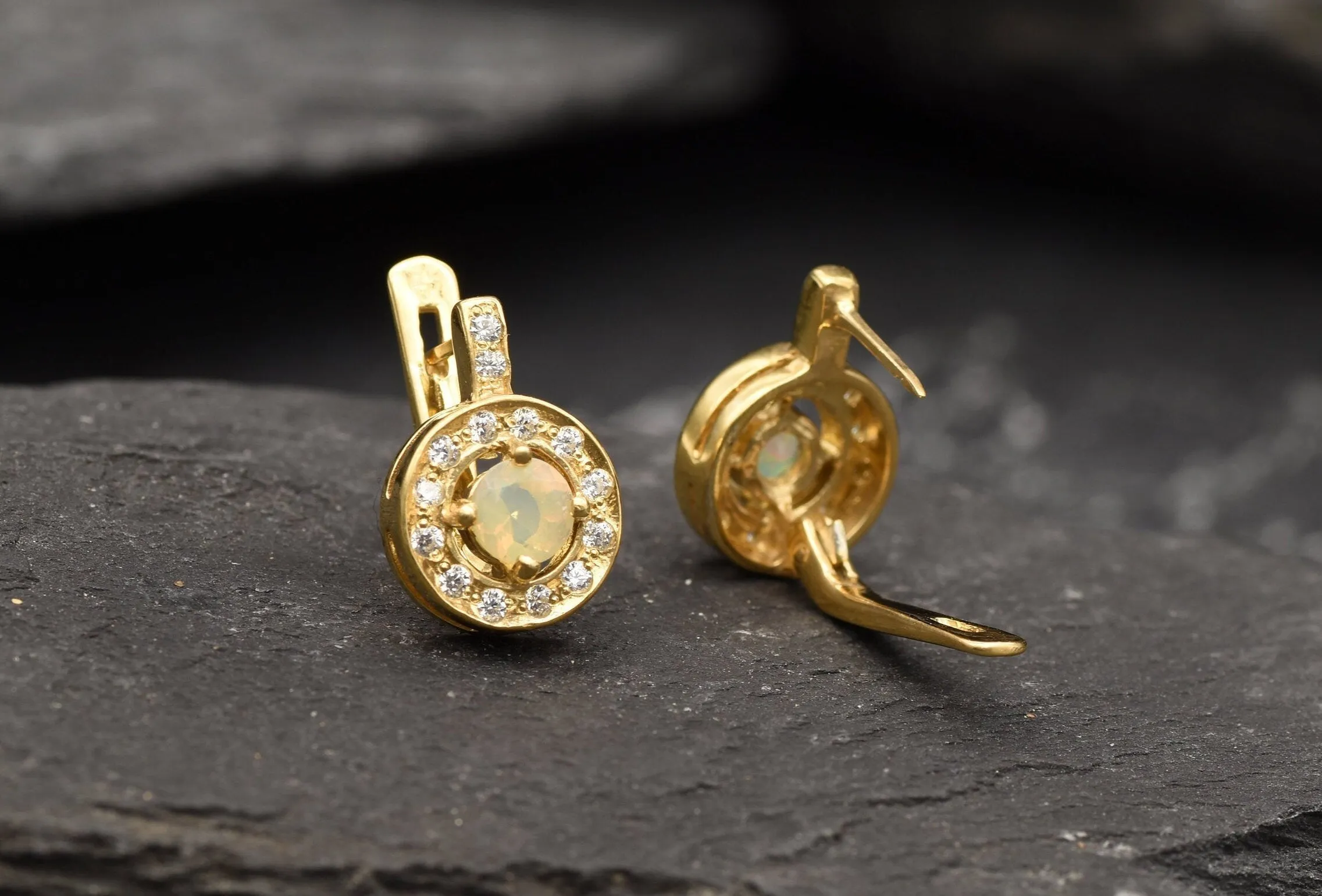 Gold Opal Earrings - Natural Fire Opal, Gold Cluster Earrings