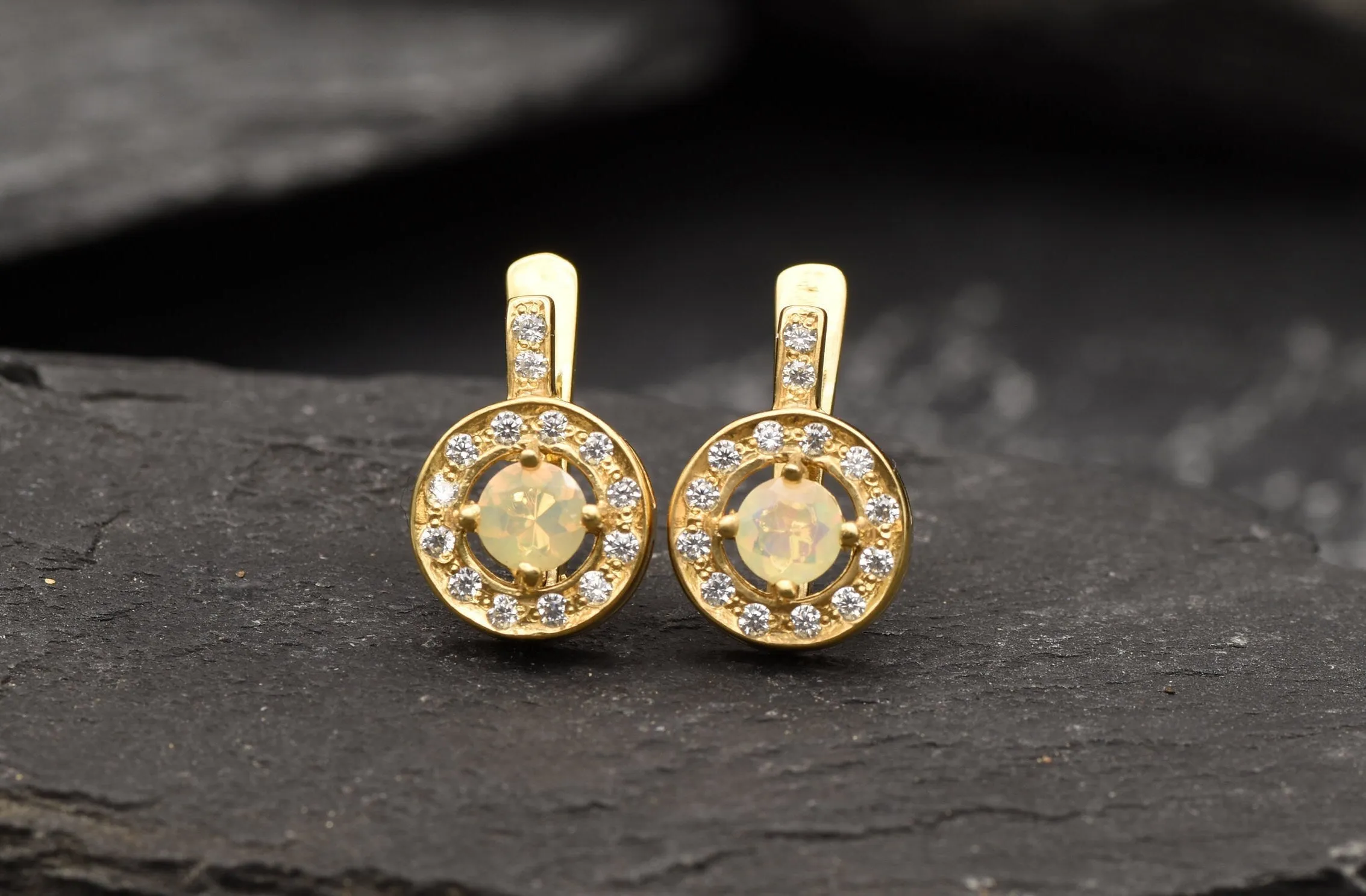 Gold Opal Earrings - Natural Fire Opal, Gold Cluster Earrings