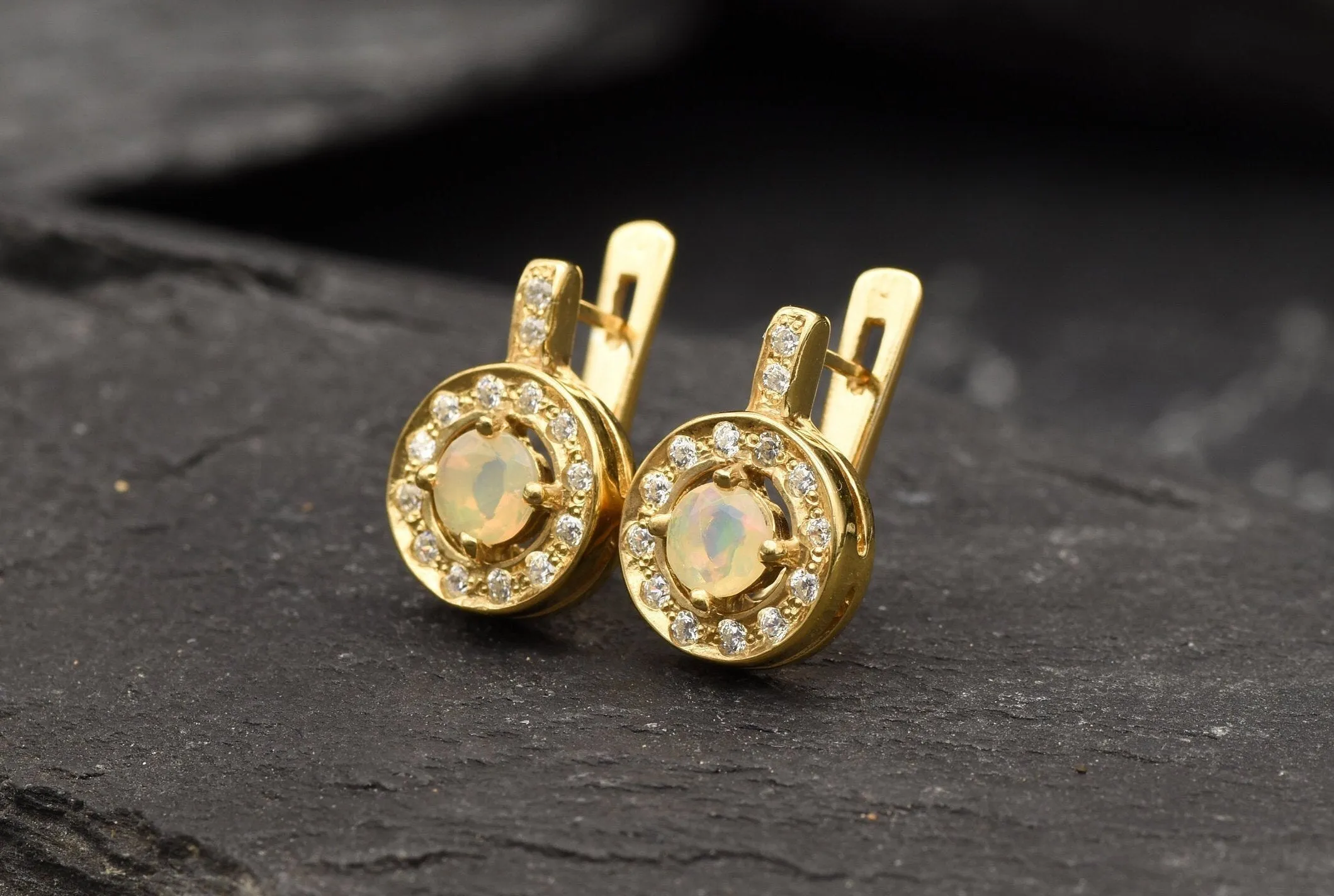 Gold Opal Earrings - Natural Fire Opal, Gold Cluster Earrings