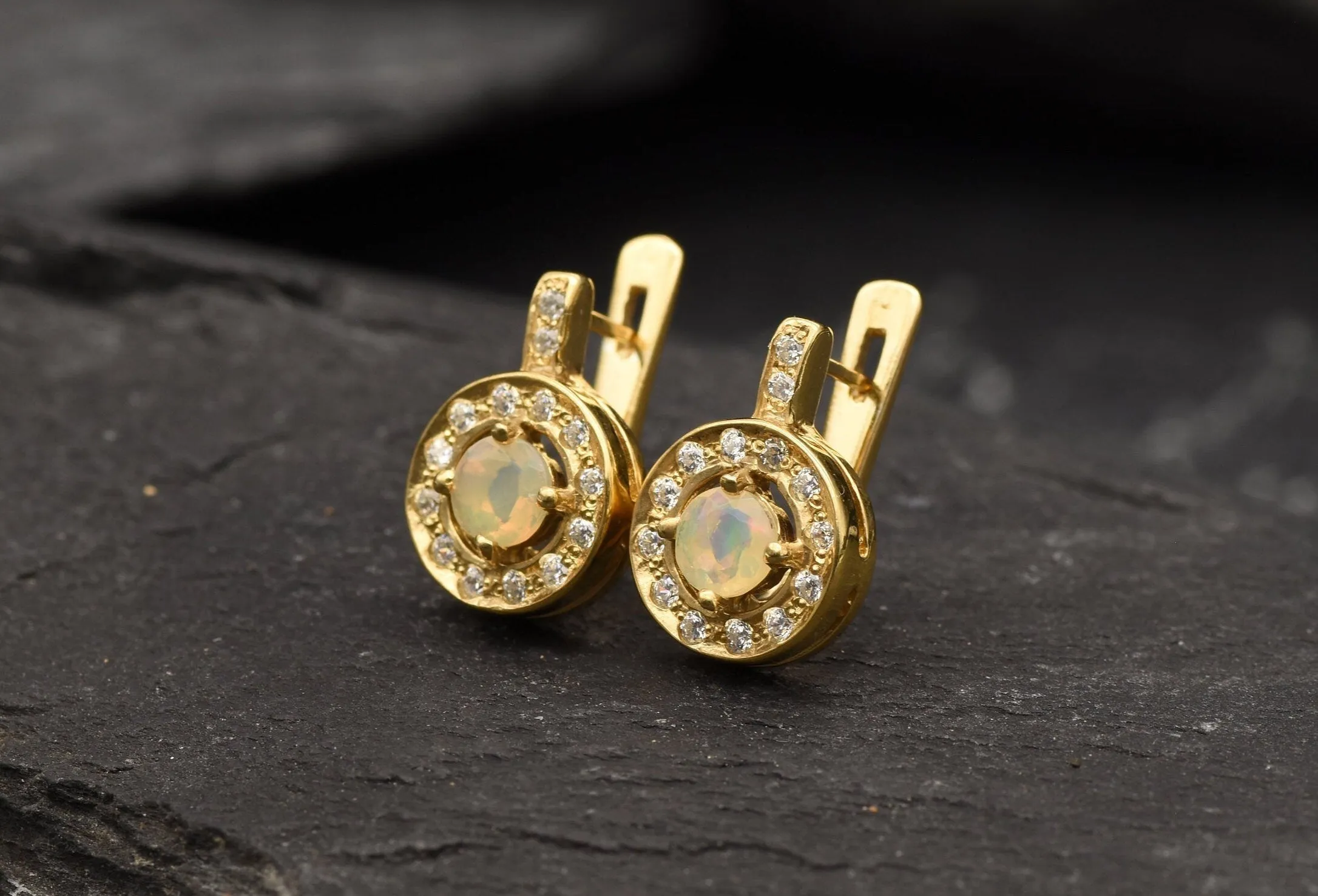 Gold Opal Earrings - Natural Fire Opal, Gold Cluster Earrings
