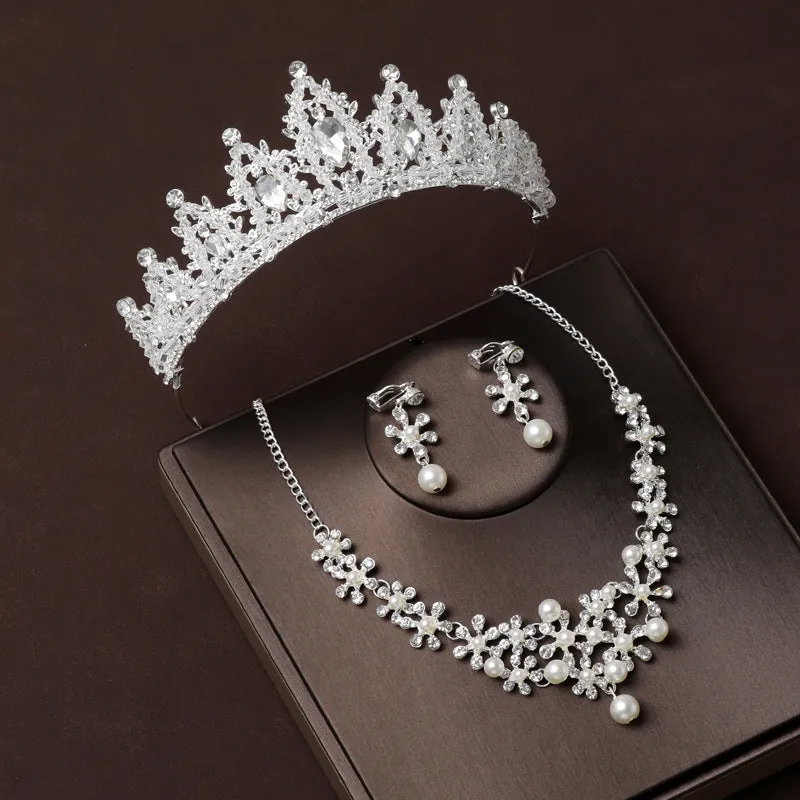 Handmade Crown Bridal Headwear Main Wedding Necklace Three-piece Set Luxurious Luxurious Birthday Crown for Married Women
