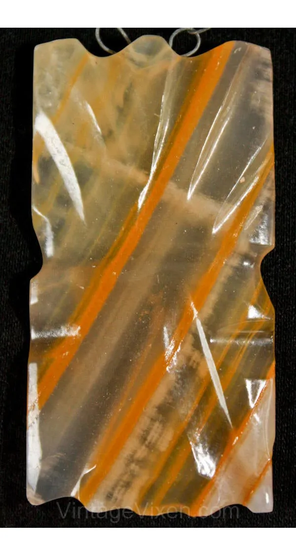 Hippie 1970s Tawny Striped Quartz Pendant Necklace - Orange Amber Beige Stone - 70s Artisan Look - South American Style - Primitive - 35665