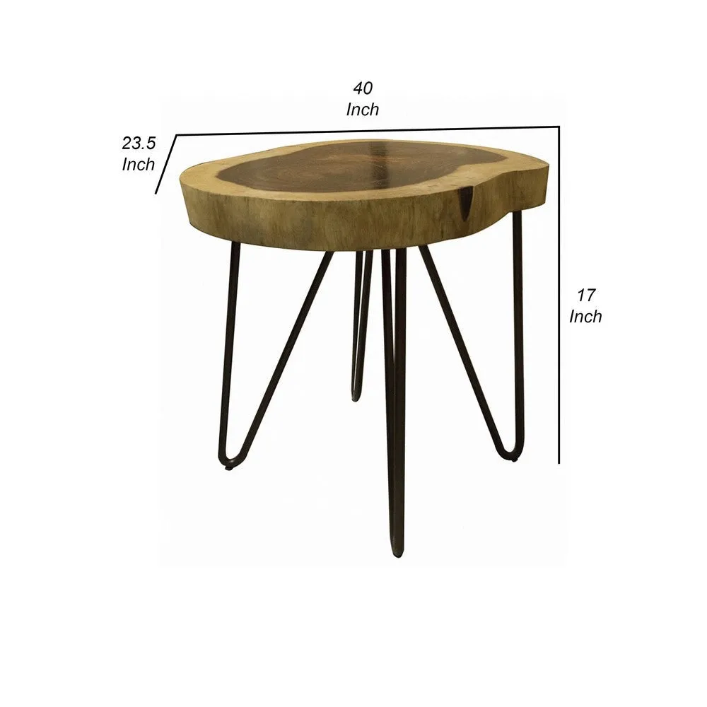 Hito 40in Side End Table, Metal Legs, Live Edge Brown Solid Parota Wood By Casagear Home