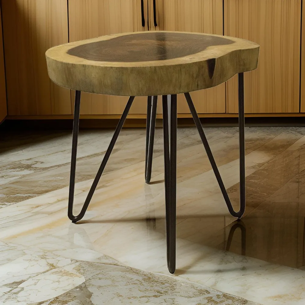 Hito 40in Side End Table, Metal Legs, Live Edge Brown Solid Parota Wood By Casagear Home