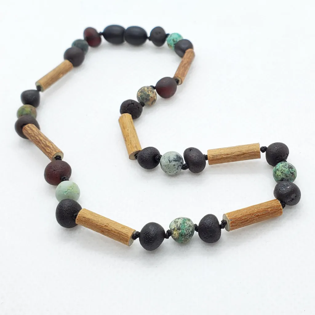 Kids | African Turquoise   Raw Cherry Amber Hazelwood Necklace