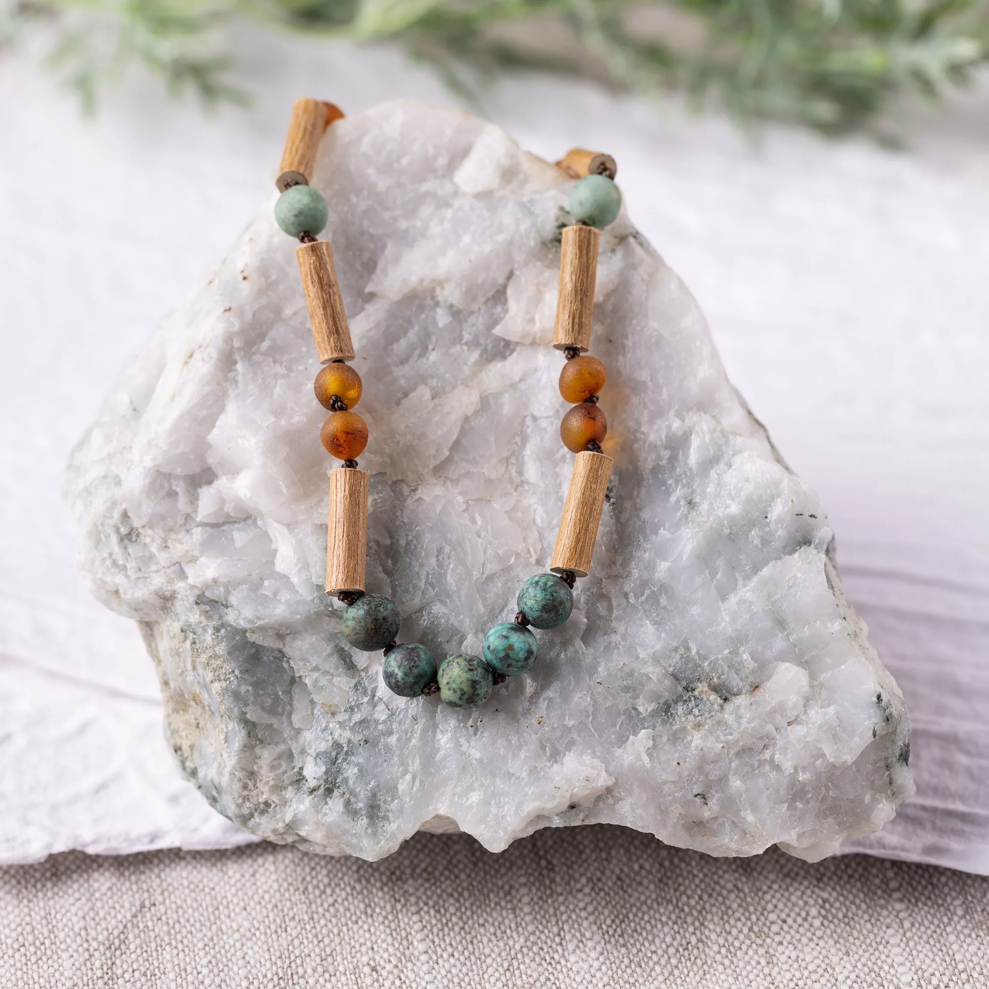 Kids | African Turquoise   Raw Cognac Amber Hazelwood Necklace