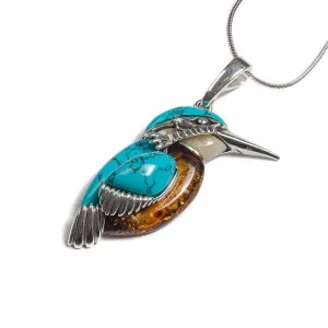 LARGE KINGFISHER BIRD NECKLACE IN SILVER, Reconstituted TURQUOISE AND AMBER