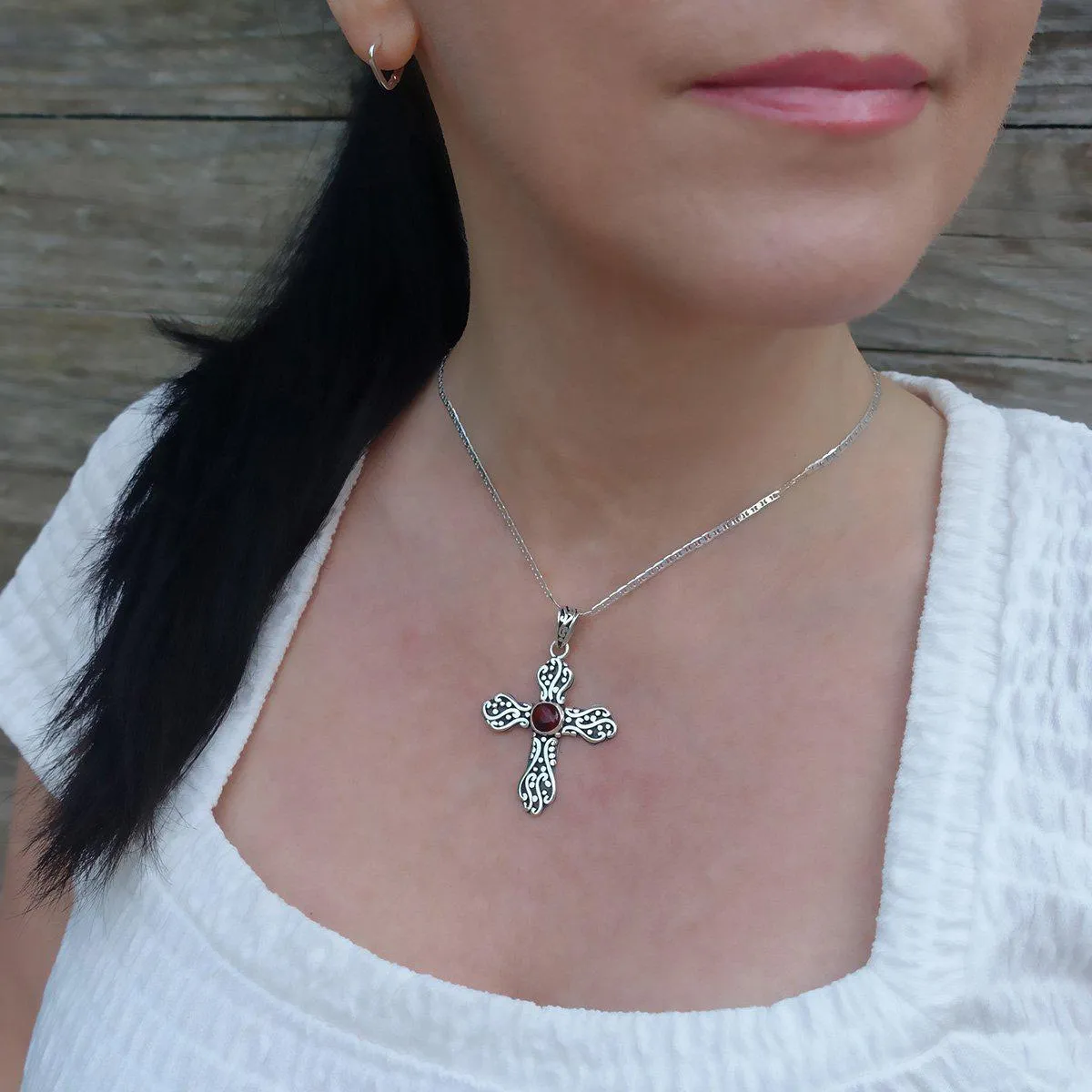 Mexican Silver and Amber Scroll Cross Pendant Necklace