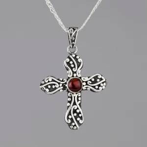 Mexican Silver and Amber Scroll Cross Pendant Necklace