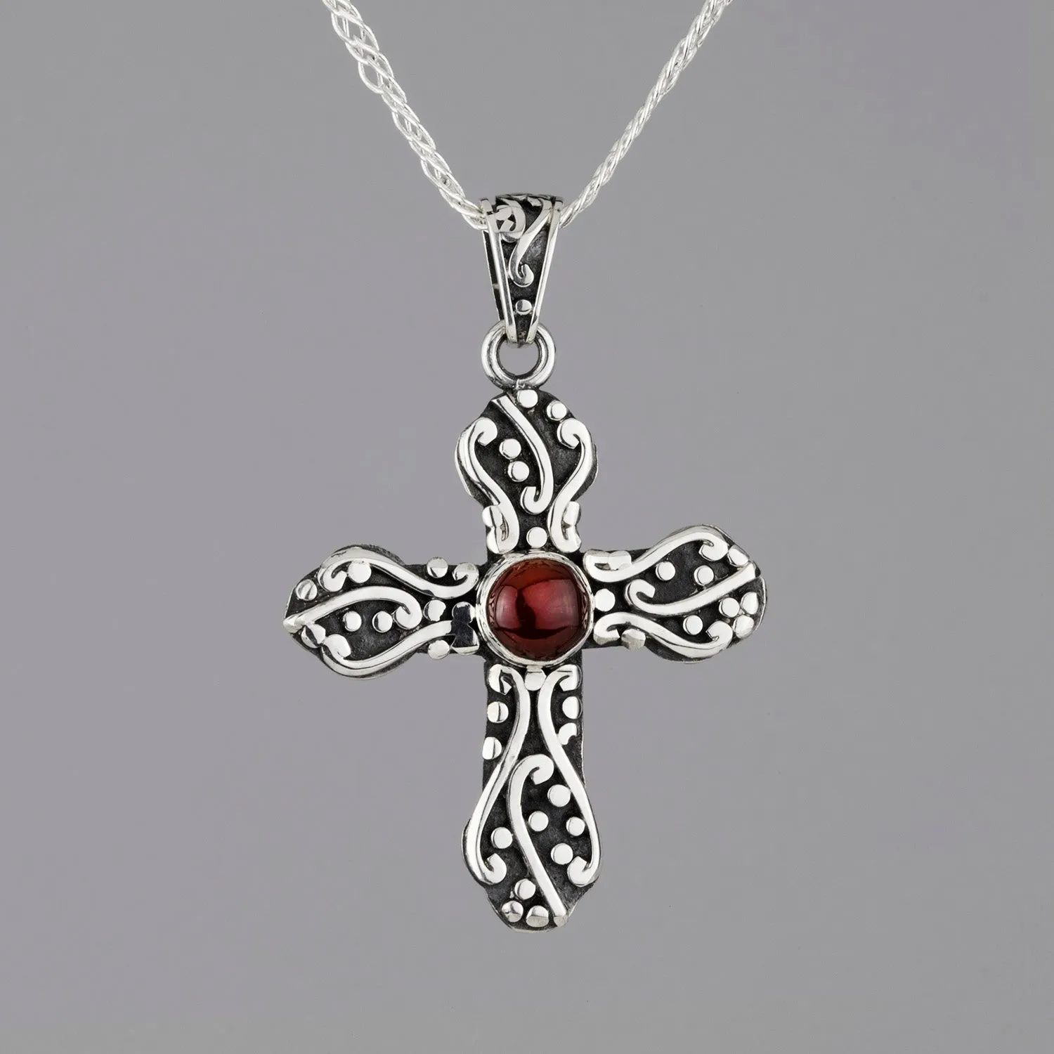 Mexican Silver and Amber Scroll Cross Pendant Necklace
