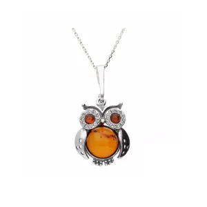 MILENA Necklace Oxidised Silver and Amber with CZ Medium Owl