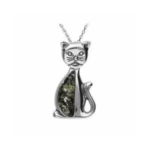MILENA Necklace Silver and Green Amber Cat