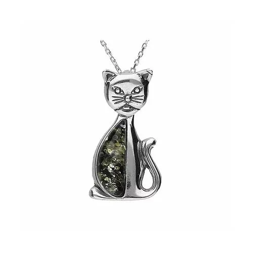 MILENA Necklace Silver and Green Amber Cat