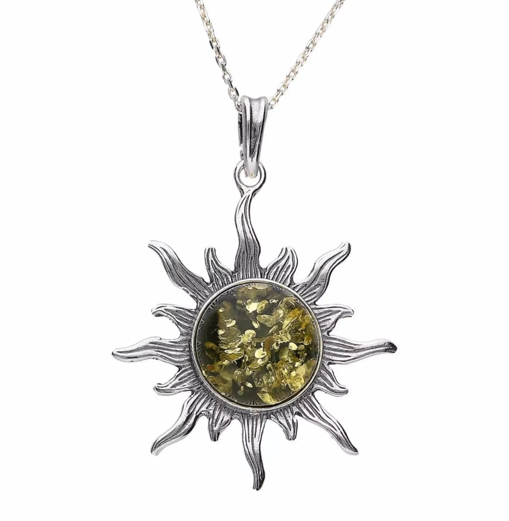 MILENA Pendant Necklace Silver and Green Baltic Amber Sun