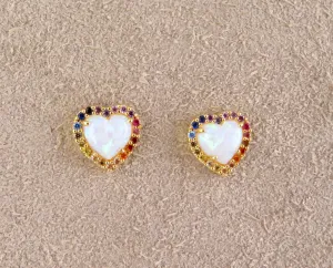 Multicolor Opal Heart Post Earrings