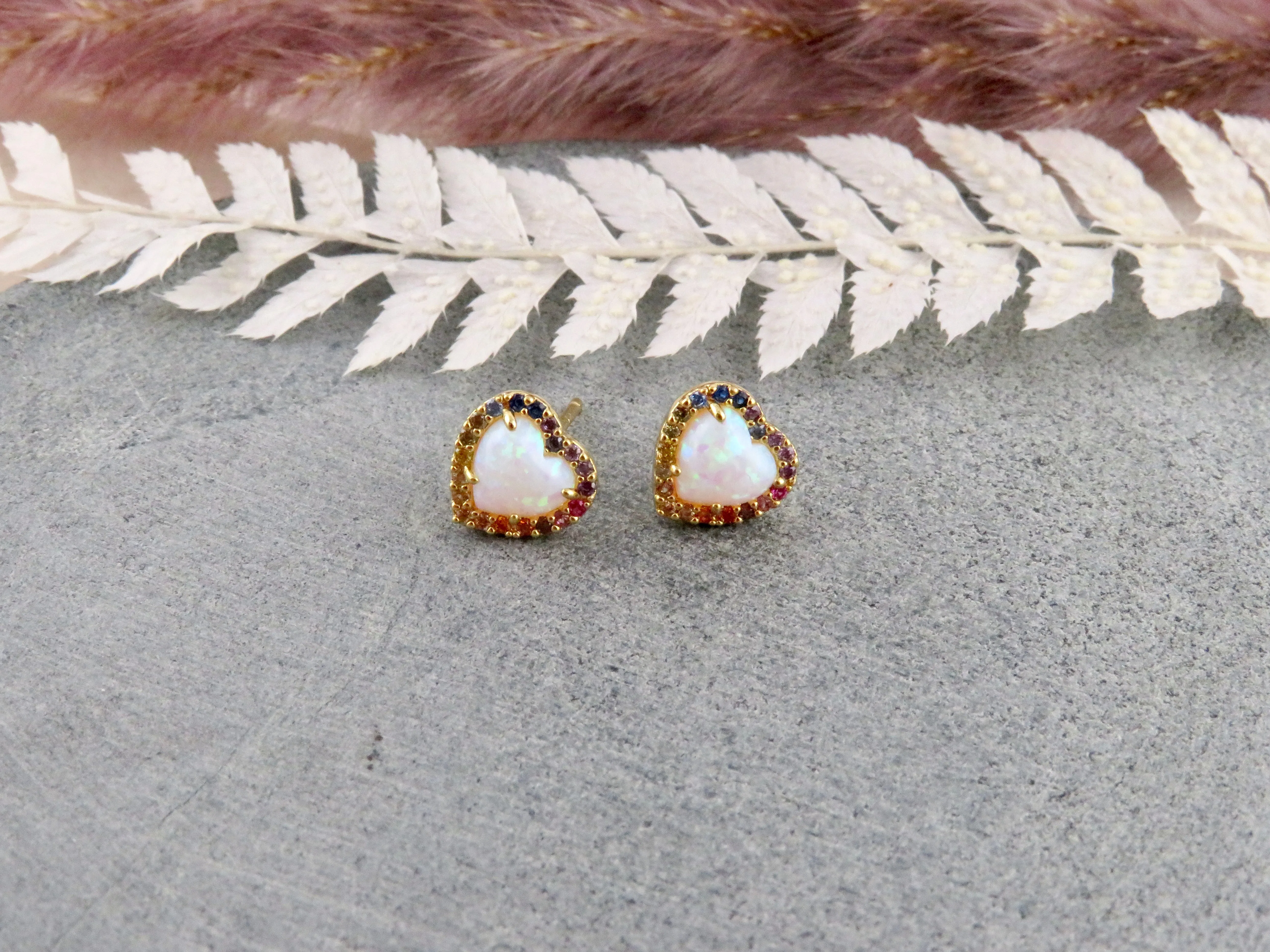 Multicolor Opal Heart Post Earrings