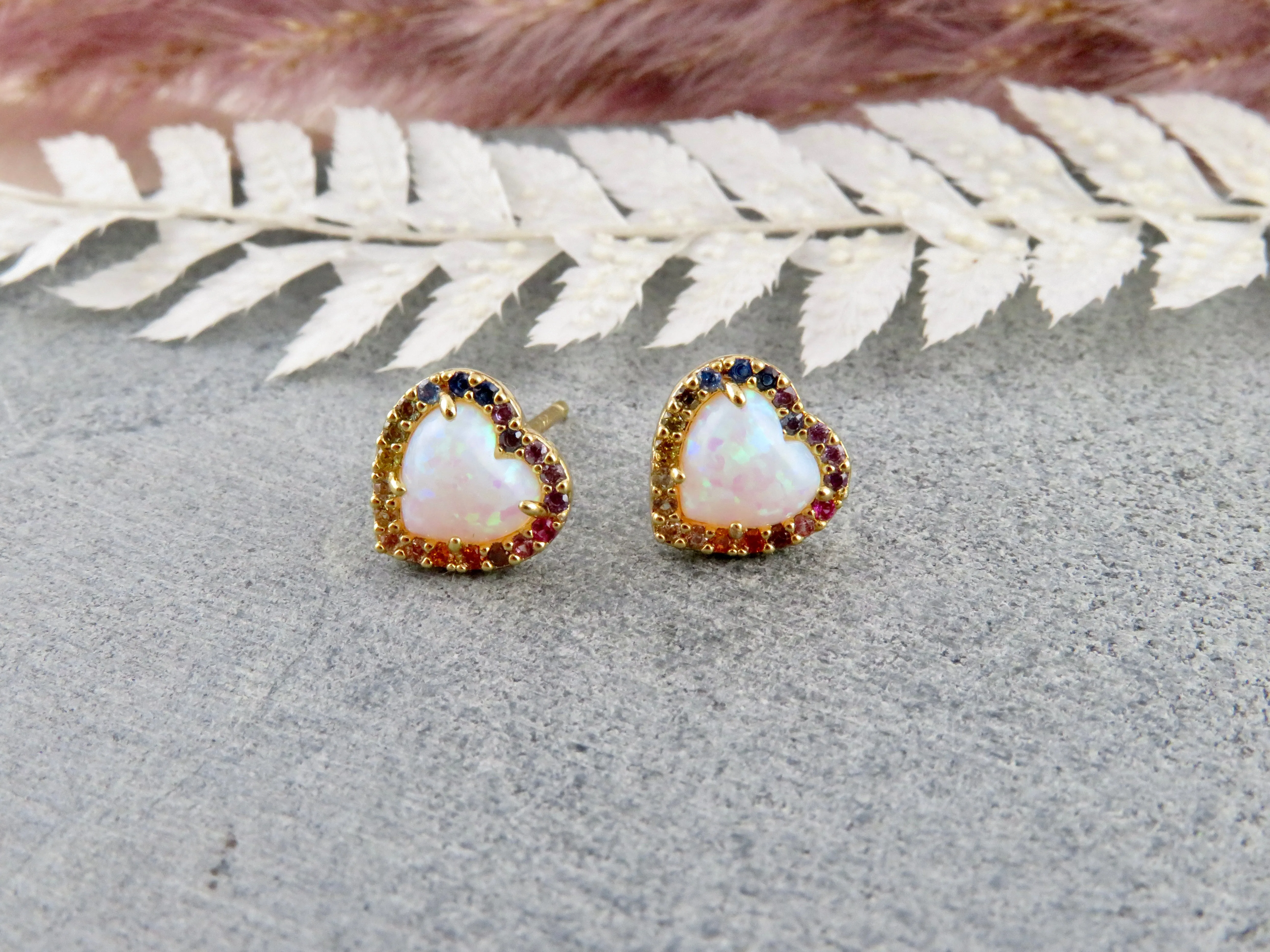 Multicolor Opal Heart Post Earrings