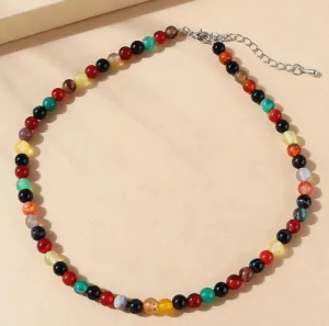 N1963 Silver Multi Color Bead Necklace with FREE Earrings