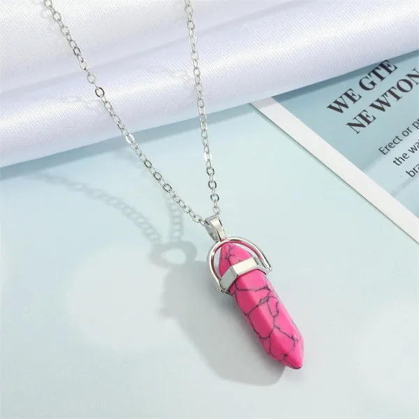 N2006 Silver Hot Pink Crackle Imitation Stone Necklace with FREE Earrings