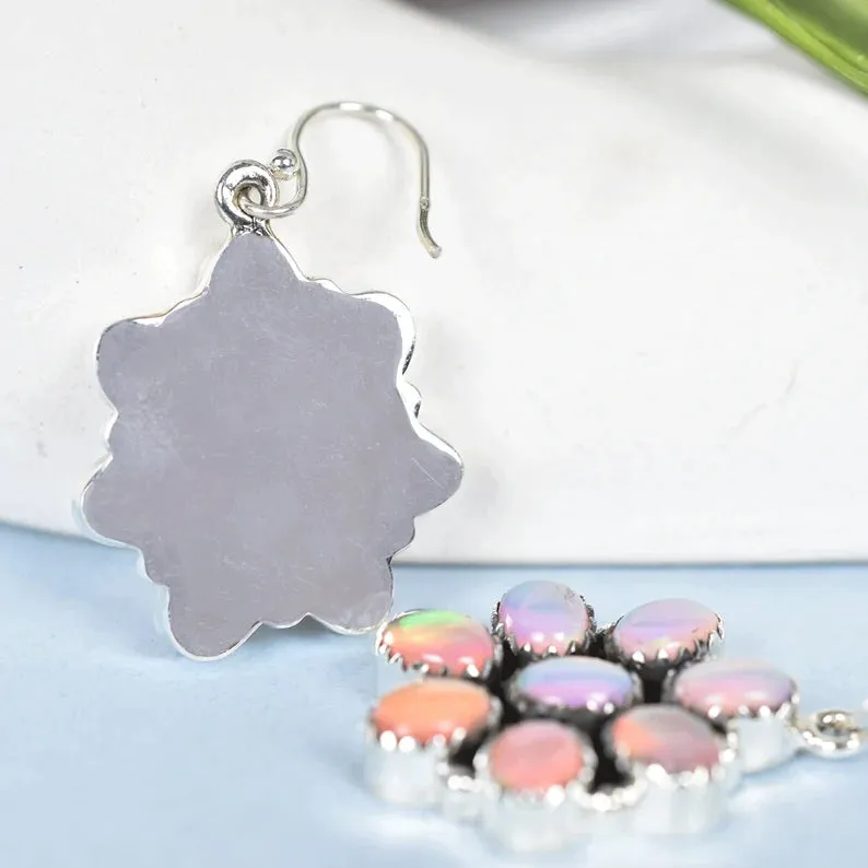 Native American Aurora Opal Cluster Earrings For Women - 925 Sterling Silver Earrings