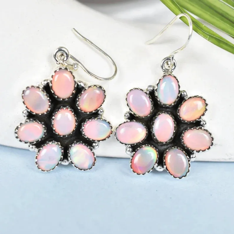 Native American Aurora Opal Cluster Earrings For Women - 925 Sterling Silver Earrings